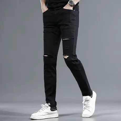 黑色破洞牛仔裤男2023夏季新款潮牌修身小脚弹力百搭男士薄款裤子商品大图