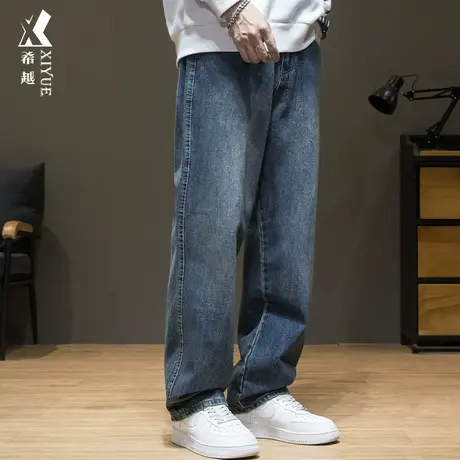 秋冬美式复古牛仔裤男春秋加绒加厚阔腿裤子宽松大码直筒休闲长裤商品大图