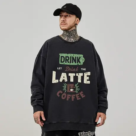 国潮连圆领大码加肥加字母嘻哈oversize潮牌无帽胖子卫衣复古做旧商品大图