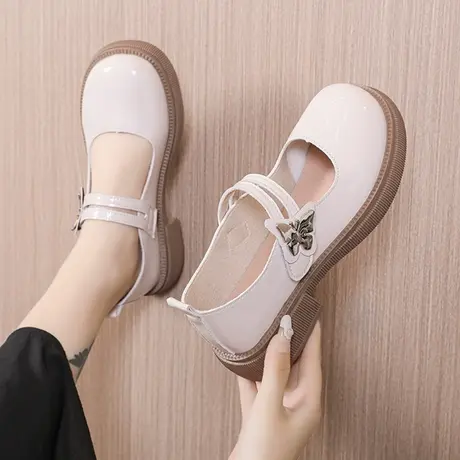 圆头小皮鞋女秋季薄款魔术贴单鞋2023新款法式复古配裙子厚底单鞋商品大图