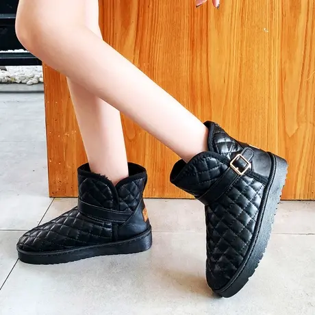 棉鞋女冬季2023新款韩版百搭平底防水防滑皮面短靴加绒保暖雪地靴商品大图