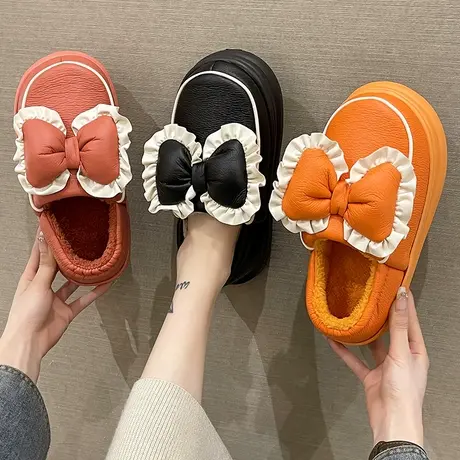 可爱蝴蝶结棉拖鞋女士冬季PU皮防水室内居家加绒保暖厚底包跟棉鞋商品大图