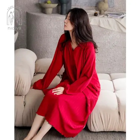 妮狄娅新款睡衣睡裙女秋纯棉长袖v领春秋婚庆大红结婚新娘家居服商品大图