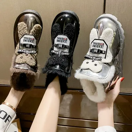 雪地靴女2023年新款短筒加绒加厚皮毛一体东北保暖机车小熊大棉鞋图片