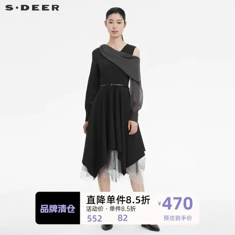 sdeer圣迪奥女装露肩拼接收腰不规则连衣裙S222Z1238图片