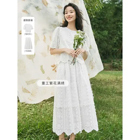 茵曼小众设计感重工立体绣花文艺衬衣2023夏女装新款圆领短袖上衣图片