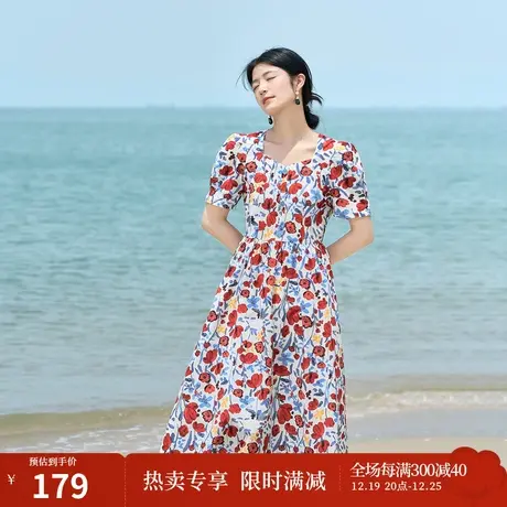 茵曼优雅清新连衣裙2023夏女装新款方领印花短袖泡泡袖中长裙子商品大图