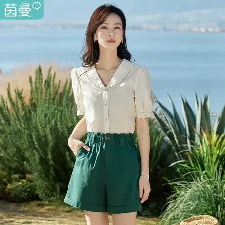 茵曼2023夏季女装新款休闲百搭小众V领拼接绣花边泡泡袖衬衫衬衣图片