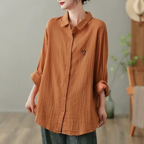 dza 复古纯棉长袖衬衫女士宽松大码上衣春秋新款外穿翻领白色衬衣商品大图