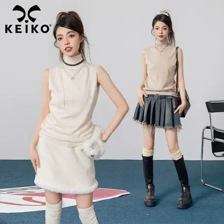KEIKO 半高领针织衫背心女2023早秋轻熟风外穿别致内搭无袖打底衫商品大图