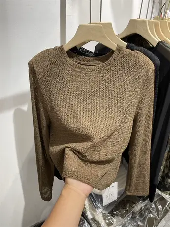 气质纯色亲肤针织衫长袖T恤女2023秋新款百搭短款垫肩打底衫上衣商品大图