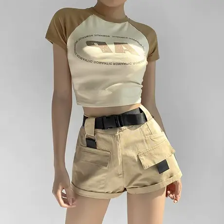 夏季新款复古辣妹上衣女设计感小众短款插肩短袖t恤美式打底小衫图片