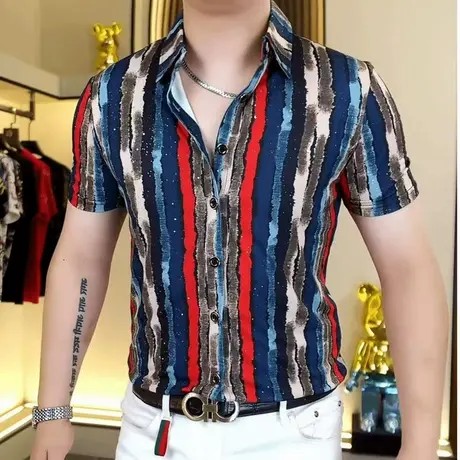 夏季个性潮牌短袖花衬衫男士潮流时尚大码涂鸦衬衣痞帅条纹薄上衣图片