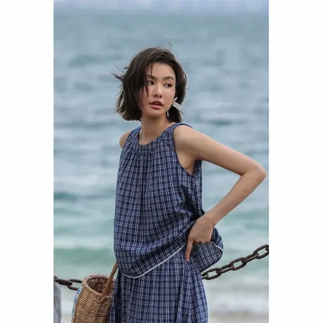弥古复古蓝色格子无袖背心女外穿宽松度假克莱因蓝上衣2025夏新款图片