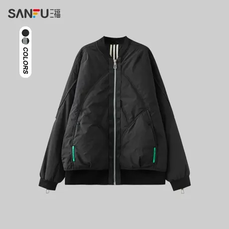 三福2023冬男士拼接织带棒球羽绒服 潮流宽松保暖外套男472837图片