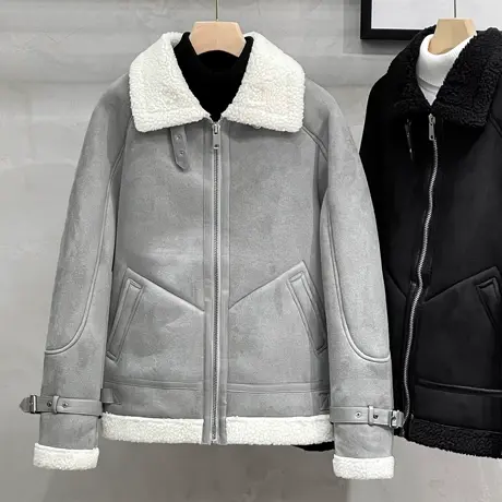 翻领仿羊羔绒外套男冬季加厚加绒棉服高档夹克男皮毛一体短款棉衣图片