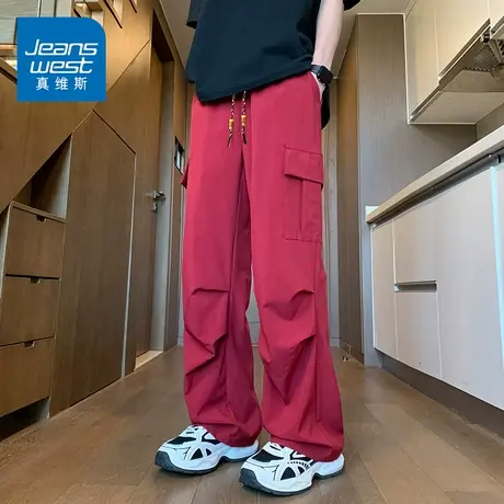 KZH真维斯伞兵休闲裤男夏季薄款宽松阔腿裤酒红潮流运动工装长裤商品大图