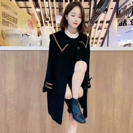 海军领大衣中长款女2023新款韩版学院风小个子单排扣a字毛呢外套图片