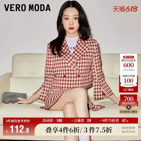 Vero Moda奥莱西装外套女春秋新款翻领双排扣七分袖短款复古格纹图片