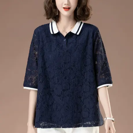 妈妈蕾丝上衣女半袖夏季新款加肥加大码宽松中年休闲翻领短袖t恤图片