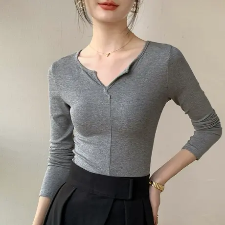 不规则V领长袖T恤女2023早秋新品修身设计感小众超显身材的打底衫图片