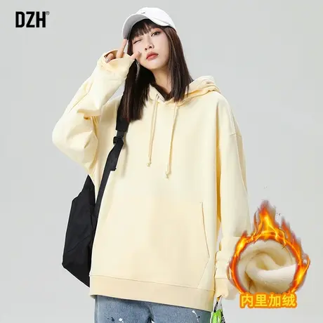 男女同款纯色加绒卫衣男冬款2023新款连帽加厚长袖上衣宽松情侣装商品大图