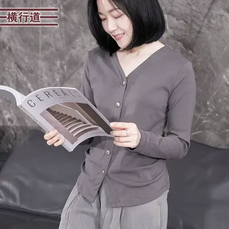 正肩长袖V领收腰开衫外套宽松上衣外搭女装秋季外搭修身小衫t恤商品大图