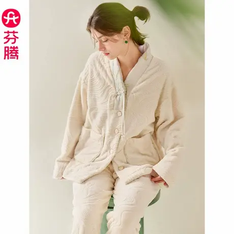 芬腾女士睡衣珊瑚绒秋冬季保暖套装新中式女款宽松加绒加厚家居服商品大图