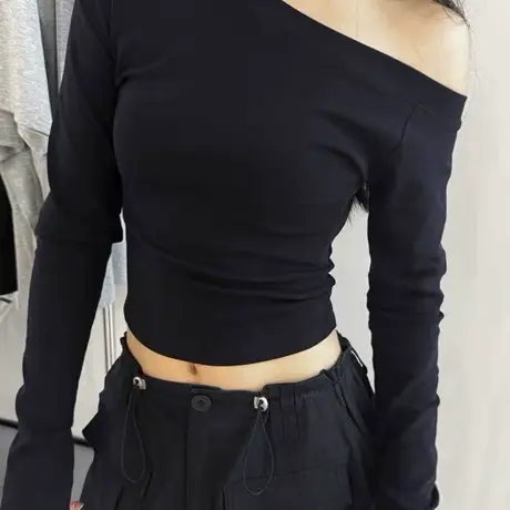 露肩短款长袖T恤女2025早秋新款韩版宽松显瘦露腰斜肩辣妹上衣潮商品大图