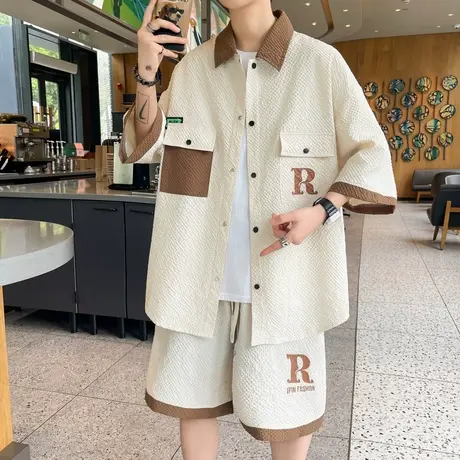 2025新款夏季衬衫运动套装男美式工装泡泡纱短袖短裤两件套青少年商品大图