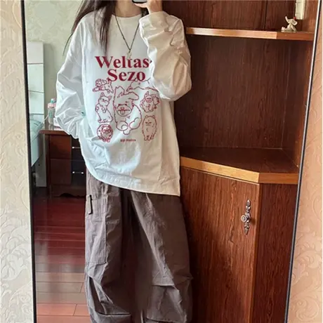 早秋穿搭纯棉圆领长袖t恤卫衣女白色美式秋季宽松内搭打底衫上衣图片