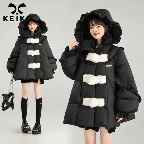 KEIKO 斗篷型显瘦连帽棉服女2024冬季设计感毛绒盘扣加厚外套棉袄图片