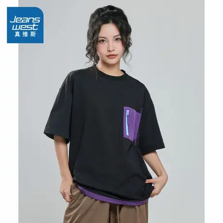 LY真维斯女装拼色胸袋小众上衣 2025秋季新品 设计感宽松短袖T恤商品大图
