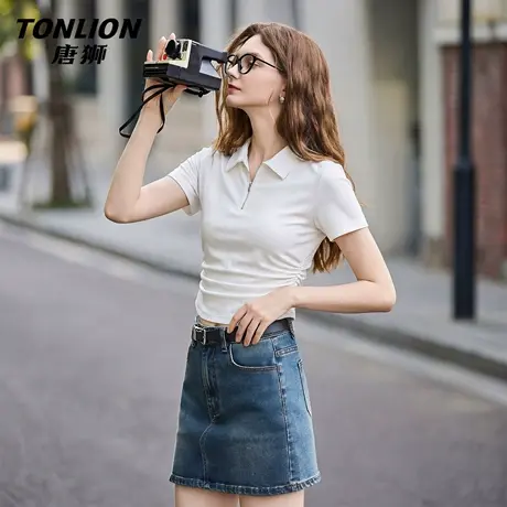 唐狮官方翻领短袖t恤女2026新款夏polo衫修身收褶显瘦半袖上衣VC图片