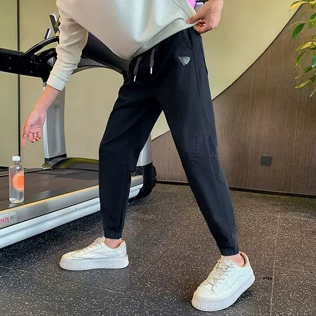 休闲裤男秋季潮流纯色修身束脚运动裤个性贴标青年小脚哈伦裤卫裤商品大图