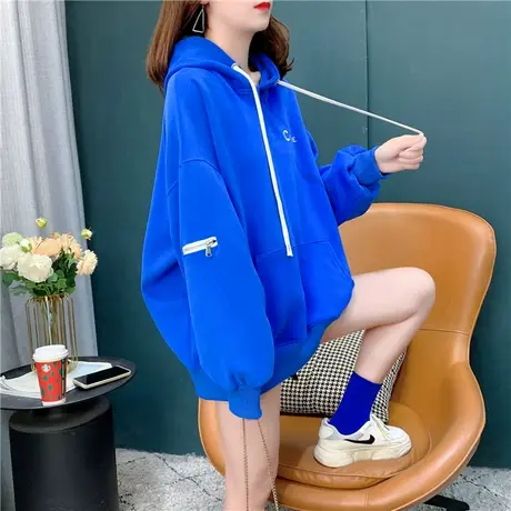 克莱因蓝连帽卫衣女2022新款春季宽松慵懒风设计感百搭上衣外套潮商品大图