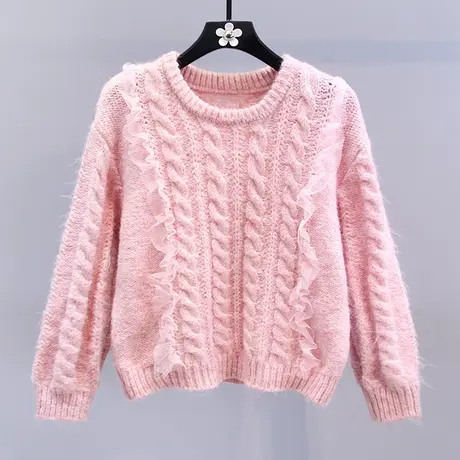 蕾丝拼接粉色麻花毛衣女秋冬2023新款宽松慵懒风甜美打底针织衫商品大图