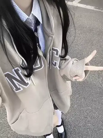 oversize卫衣女春秋季薄款上衣韩系慵懒风小个子连帽开衫拉链外套图片