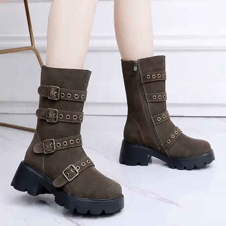 2023大码女靴41一43秋季新款磨砂厚底时尚机车中筒靴加绒骑士靴图片