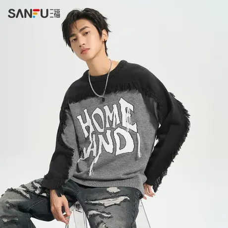 三福2023冬男士街头流苏大廓形毛衣 潮流宽松圆领上衣男478076商品大图