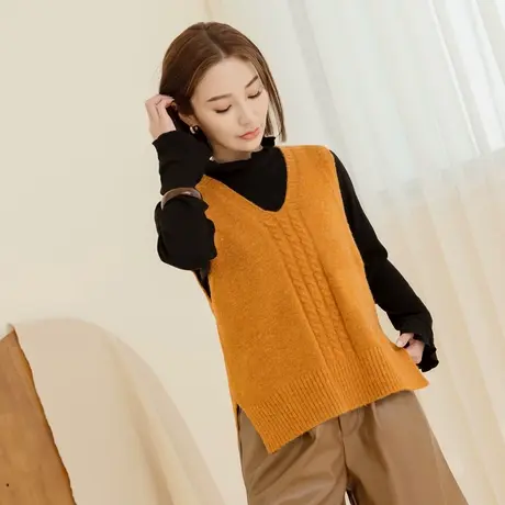 桔熊秋冬季休闲毛衣马甲保暖V领针织麻花背心女胖妹妹大码FA2508图片
