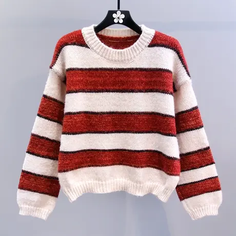复古撞色条纹毛衣女秋冬2023新款日系宽松慵懒风休闲长袖针织衫商品大图