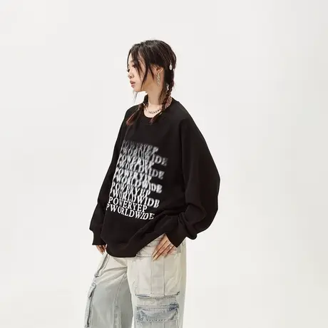 YEP黑色圆领oversize卫衣女加绒秋冬2023新款复古宽松情侣装上衣商品大图