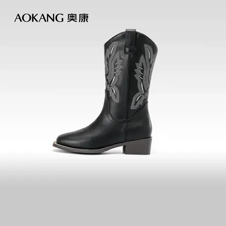 奥康女鞋 冬季新款西部牛仔靴刺绣长筒靴骑士靴女士粗跟靴子商品大图