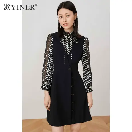 YINER音儿女装春季拼接收腰A字连衣裙图片