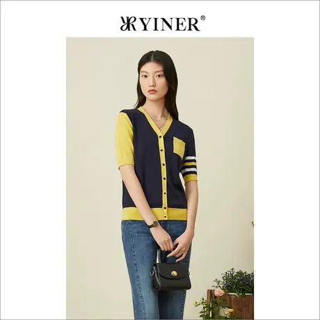 YINER音儿专柜女装2022夏季新款桑蚕丝撞色短袖针织开衫外套女商品大图