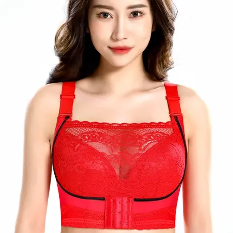 本命年红色文胸大码薄款无钢圈无海绵内衣女聚拢收副乳调整型奶罩商品大图