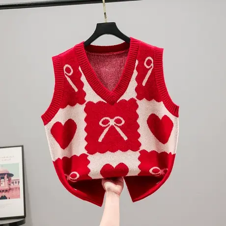 2023春装新款韩版宽松V领无袖针织衫毛衣马甲套头百搭背心外套女商品大图