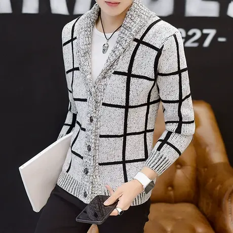 秋季新品男装针织开衫外套韩版翻领潮流薄款夹克男士修身帅气褂子商品大图