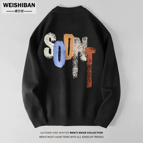 秋冬季男士针织衫男潮牌青年炫彩字母提花圆领上衣青年百搭毛线衣商品大图